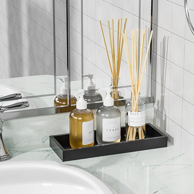 ZHWS Bathroom Tray Countertop for Toiletries, Black Vanity Tray for Makeup Perfume Decor Candle, Bamboo Kitchen Tray for Soap Dispenser Salt Pepper Brush Holder 11.3” L x 4.4” W x 1.1” H