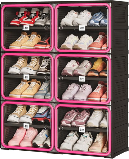 Vipbox No Assembly 6 Tier Collapsible Shoe Rack, 24 Pairs Foldable Shoe Storage Cabinet with Doors, Large Shoe Organizer for Closet, Black & Rose Red