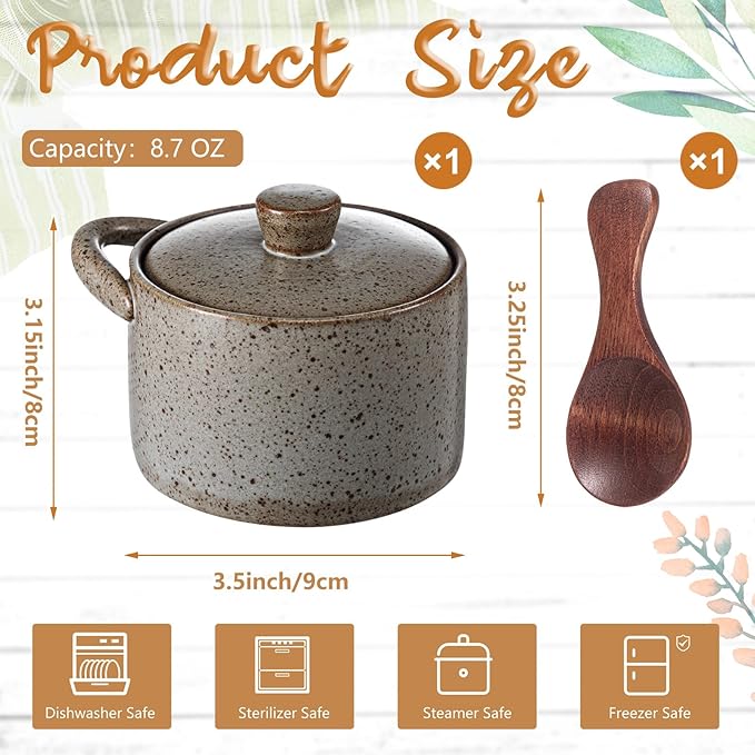 Honeydak Speckled Ceramic Salt Cellar with Lid and Wooden Spoon, Rustic Farmhouse Salt Pepper Cellar Holder for Mothers Day, Housewarming Gift, Heavyweight Spices Jar(Light Gray,1 Set)