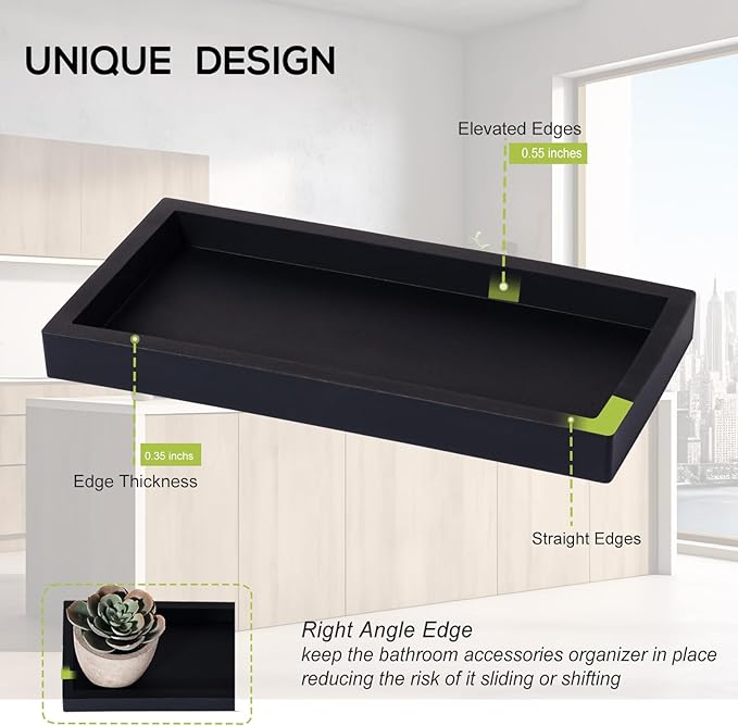 Silicone Bathroom Vanity Tray Rectangle Soap and Sponge Holder Kitchen Sink Organizer for Scrubber, Lotion Bottles, Perfume, Jewelry, Candle, Key Trinket Ring, 2 Pack, Black