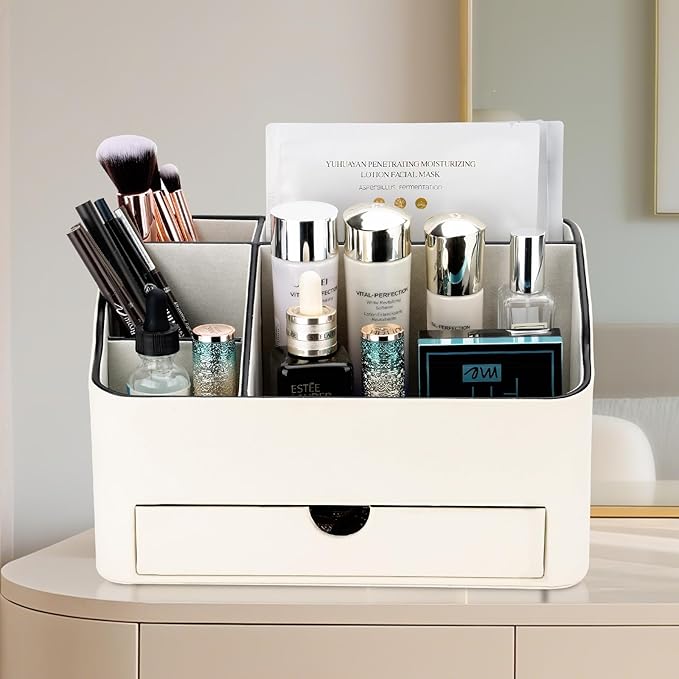 KINGFOM PU Leather Makeup Organizer with Drawer, Skincare Organizer for Vanity, Cosmetic Storage for Dresser Countertop, Beauty Holder for Lipstick Brush Skincare (Ivory White)