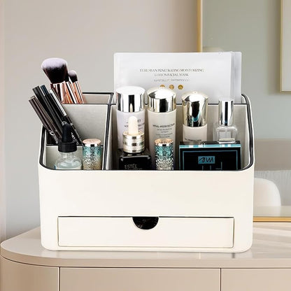 KINGFOM PU Leather Makeup Organizer with Drawer, Skincare Organizer for Vanity, Cosmetic Storage for Dresser Countertop, Beauty Holder for Lipstick Brush Skincare (Ivory White)