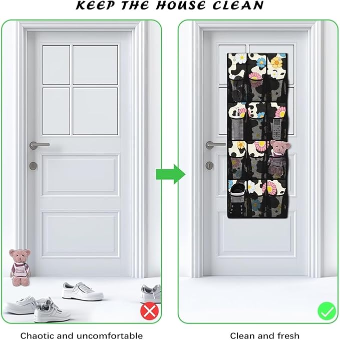 Hanging Storage Bag for Bathroom, Behind Door, Bedroom, Washing Table Storage, Space Saving Over The Door Storage Organizer with 2 Sticky Wall Hooks,Cow Flowers