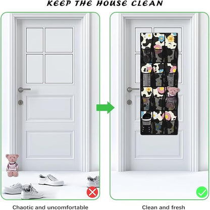 Hanging Storage Bag for Bathroom, Behind Door, Bedroom, Washing Table Storage, Space Saving Over The Door Storage Organizer with 2 Sticky Wall Hooks,Cow Flowers