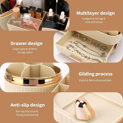 Beborxue 360° Rotating Makeup Organizer for Vanity with Drawers, Large Capacity Cosmetic Display Case, skincare organizer, Cosmetic Organizer for Lipstick, Skincare, Brushes, Eyeshadow, (Rice White)