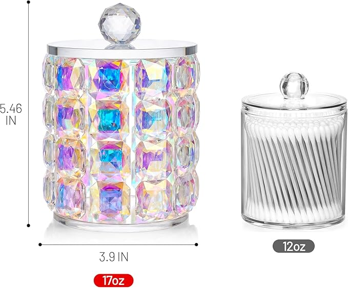 Crystal Qtip Holder Dispenser, 17oz Bathroom Canisters with Lid for Cotton Balls,Swabs,Floss Picks,Hair Accessories, Iridescent Glass Apothecary Jars with Lids,Vanitys Bathroom Organizer and Storage