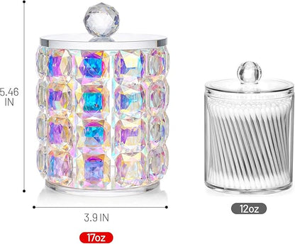 Crystal Qtip Holder Dispenser, 17oz Bathroom Canisters with Lid for Cotton Balls,Swabs,Floss Picks,Hair Accessories, Iridescent Glass Apothecary Jars with Lids,Vanitys Bathroom Organizer and Storage