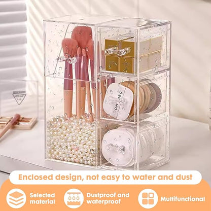 ShellKingdom Makeup Brush Holder,Clear Cosmetic Brushes Organizer With Drawer for Storage Brushes with Lid and Pearl for Dressing Tables and Vanity