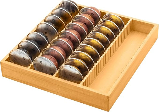 MinBoo Bamboo Coffee Pod Storage Holder Drawer Insert for Counter Compatible with Vertuoline Capsules for Kitchen, Home, Office, Coffee Station,Small