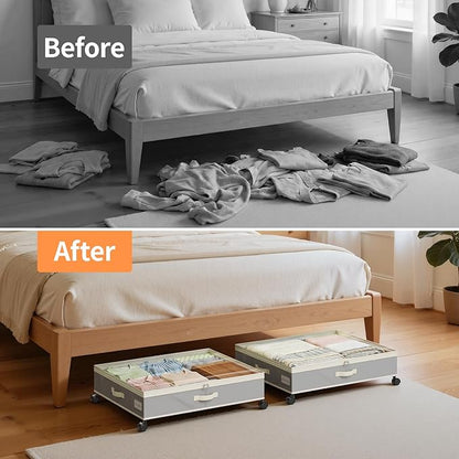 Yecaye 80L Under Bed Storage with Wheels, 2 Pack Under Bed Storage Containers with Lids for Clothes, Shoes and Blankets, Metal Rolling Underbed Storage Drawers for Bedrooms and Dorms, Grey