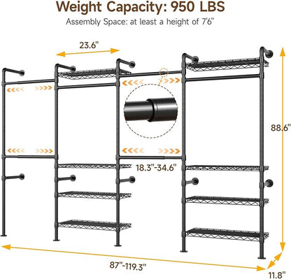ONBRILL H4 Wall Mounted Closet System, Expandable Industrial Pipe Clothes Rack Clothing Rack for Hanging Clothes, Heavy Duty Closet Organizers and Storage in Wardrobe Closet