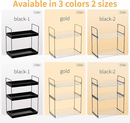 Bathroom Countertop Organizer, 2 Tier Acrylic Tray Vanity Counter Skincare Organizer Shelf, Home Storage Holder for Lotion Makeup Cosmetics Perfume Spice, Black+Clear