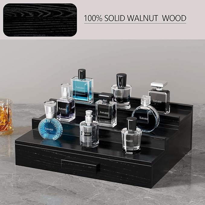 Walnut Wood Cologne Organizer for Men,3 Tier Cologne Stand,Cologne Shelf Display Holder,Perfume Stand Organizer with Hidden Compartment and Drawer,Great Gift for Men,Black