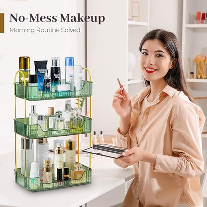 Aveniee Bathroom Counter Organizer, 3 Tier Perfume Skin Care Countertop Storage Shelf, Vanity Makeup Tray for Cosmetic Skincare Lotion,Green