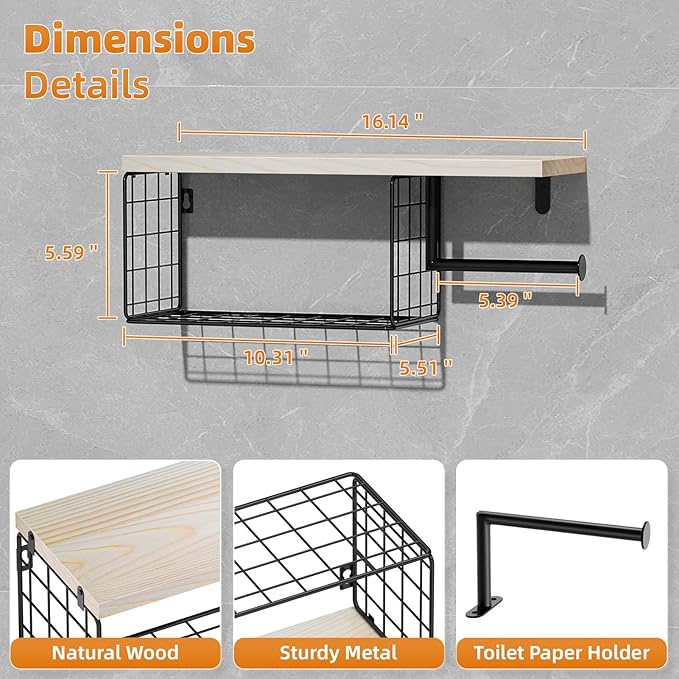 VITVITI Toilet Paper Holder with Shelf, Wall Mounted Toilet Paper Storage Basket, Wood Metal Toilet Roll and Wipes Holder for Bathroom Farmhouse (Natural)