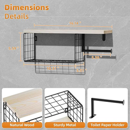 VITVITI Toilet Paper Holder with Shelf, Wall Mounted Toilet Paper Storage Basket, Wood Metal Toilet Roll and Wipes Holder for Bathroom Farmhouse (Natural)