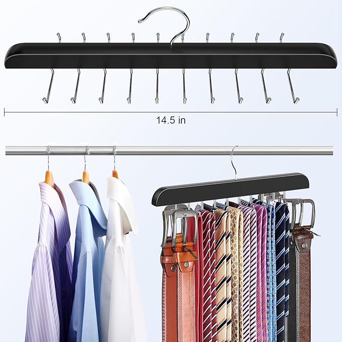 RESOVO Upgraded Tie Rack Hanger with 20 Foldable Metal Hooks, Space Saving Necktie Organizer for Men – Large Capacity Tie and Belt Wooden Hanger for Closet - Black