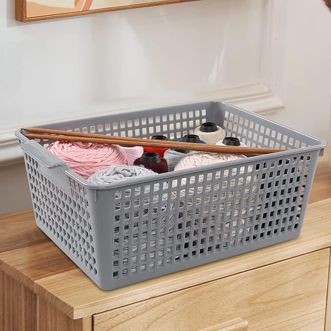 3 Packs Large Organizer Baskets Bins, Plastic Storage Basket (Grey)