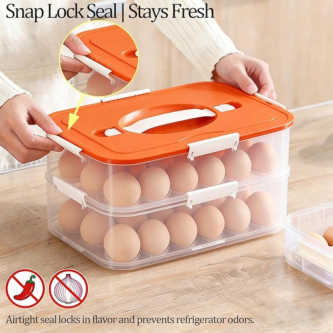 VitalYang Deviled Egg Container with Lid, Double Layer Egg Container, 36 Count Deviled Egg Tray- Secure Lock & Handle, Stackable, Leak-Proof Design for Parties & Catering, Orange