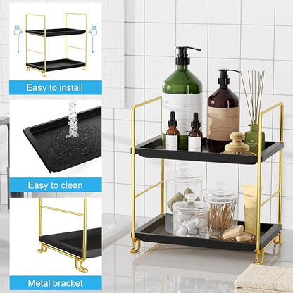 FSyueyun 2-Tier Bathroom Countertop Organizer, Tool-Less Installation Premium Plastics Makeup Shelf Organizer Perfume Skincare for Dresser Vanity Tray Organizers and Storage (Gold & Black)