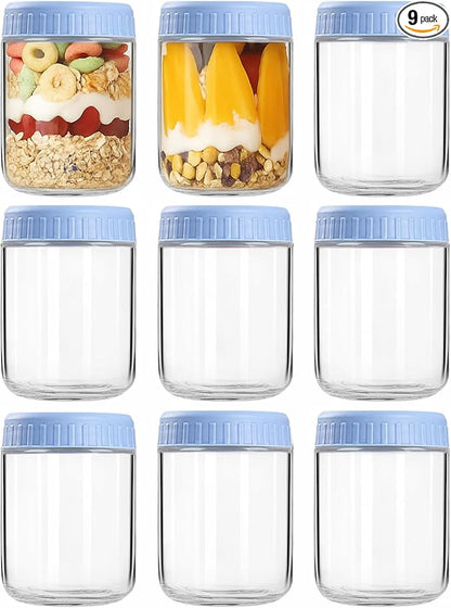 Overnight Oats Containers with Lids, 16oz Wide Mouth Mason Jars with Lids, 9 Pack Glass Jars with Airtight lid for Chia Pudding Yogurt Salad, Meal Prer Oatmeal Jars, Blue