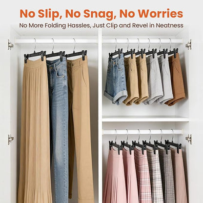 HOUSE DAY Pants & Skirt Hangers - 100 Pack Pants Hangers with Non-Slip Big Clips - Black Plastic Hanger for Shorts, Shirts, Jeans, Slacks, Clothes - Durable, Slim & Space Saving - 12 Inch