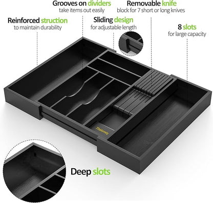 Bamboo Kitchen Drawer Organizer, Expandable Silverware Organizer with Removable Knife Block, 6-8 Slots- Utensil Holder & Cutlery Tray Drawer Dividers, 2.36" Deep for Extra Capacity, Black