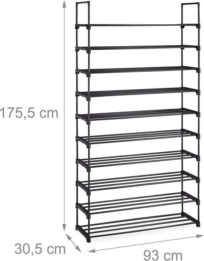 Relaxdays XXL Shoe Rack Plug-In System, 10 Levels, Modular, H x W x D: 175.5 x 93 x 30.5 cm, Metal Shoe Storage, Black