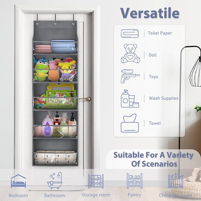 Hat Organizer for Baseball Caps - Hat Rack for Door - Hat Storage for Baseball Caps，Hat Holder on Wall, Clear Deep Pockets， 5 Tiers, Holds at Least 60 Hats, with 3 Hooks (Grey)