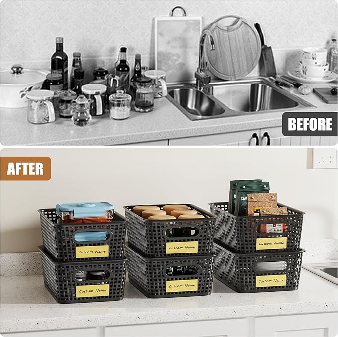 8 Pcs Plastic Storage Baskets with Plastic Lids and Labels 5.29qt Stackable Box Basket Pantry Decorative Containers, Small Storage Bins for Shelves Drawers Closets Bedrooms Office Cabinets 10*7.2*4.1"