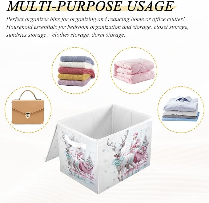 Christmas Baskets Collapsible Storage Bins with Lids, Christmas Santa Claus Pink Reindeer Storage Boxes Clothes Baskets for Organizing