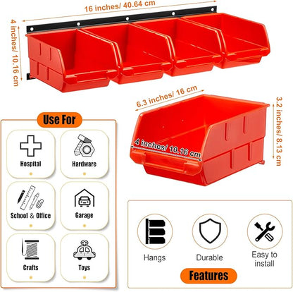Maitys Wall Mounted Storage Bins Plastic Hanging Stackable Storage Parts Garage Tool Organizer for Screws, Nuts, Bolts, Nails, and Small Hardware Parts, 16x Bins & 4 x Rails(Orange)