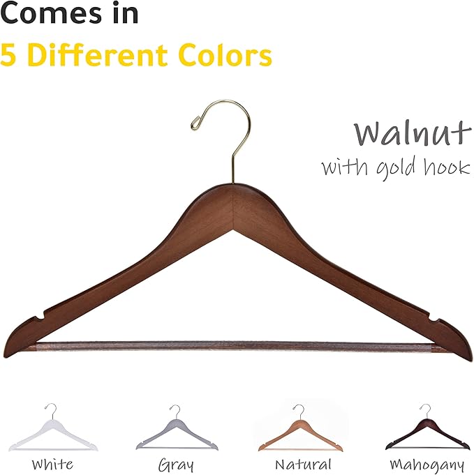 Quality Wooden Hangers - Slightly Curved, Solid Wood Coat Hangers with Stylish Chrome Hooks - Heavy-Duty, 30-Pack Sets for Clothes, Jackets, Shirts, Pants, Suits