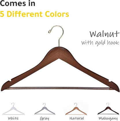 Quality Wooden Hangers - Slightly Curved, Solid Wood Coat Hangers with Stylish Chrome Hooks - Heavy-Duty, 30-Pack Sets for Clothes, Jackets, Shirts, Pants, Suits