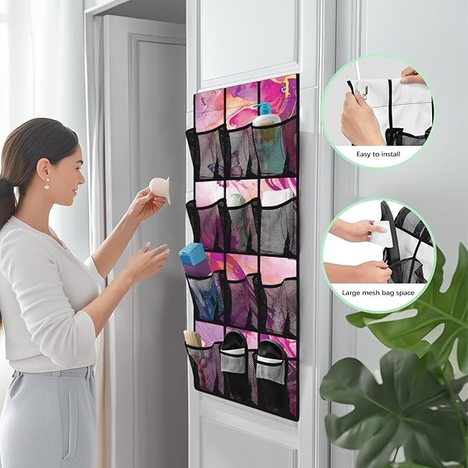 Pink Marble Over The Door Hanging Shoe Storage Pockets, Door Wall Storage Bag Clear Window Hanging Storage Bag Organizer