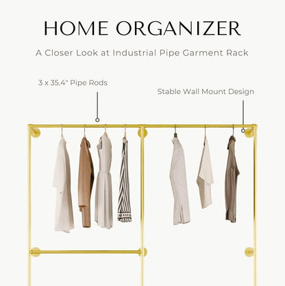 Gold Industrial Pipe Clothing Rack 75" W Wall Mounted, Heavy Duty Iron Garment Rack 150 lbs per Rod, Open Closet Organizer for Bedroom Laundry Room Retail Display