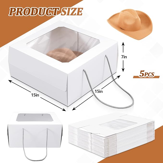Feifeiya 5 Pcs White 15 x 15 x 7 inch Hat Boxes with Window for Travel Large Cardboard Hat Case Organizer Storage with Lid and Handles Portable Cardboard Boxes Display for Storage Present Packing