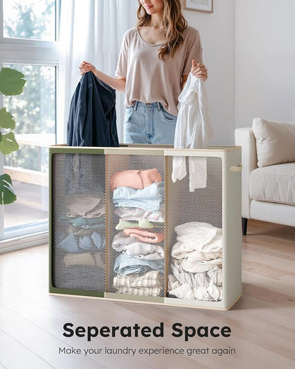 SOLEDI 180L 3-Section Laundry Hamper with Lid, Extra Large Dirty Clothes Basket with Sturdy Handles for Laundry Room & Bedroom - Durable Organizer for Sorting Laundry