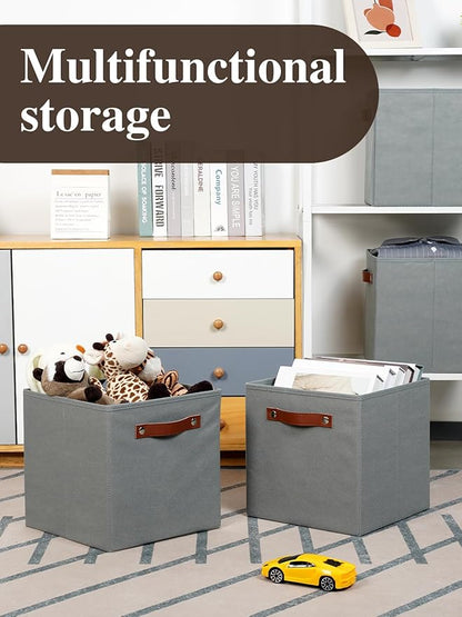 Temary 11x11 Storage Cubes Fabric Cube Storage Bins with Handles Clothes Storage Boxes Baskets for Organizing Home, Shelf, Closet (Grey, 11 x 11 x 11)