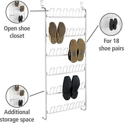 WENKO Over the Door Shoe Rack Organizer, Shoe Holder for Back of Door and Closet, Hanging Shoe Rack, Storage for up to 18 Pairs of Shoes, 23.2 x 59.4 x 5.5 inch, Silver Shiny