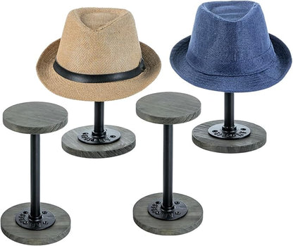 MyGift 4 Pcs Tabletop Hat Rack Stand, Freestanding Cowboy Hat Holder Organizer, Baseball Cap Storage, Wig Helmet Display, Vintage Weathered Gray Wood and Industrial Matte Black Metal Pipe