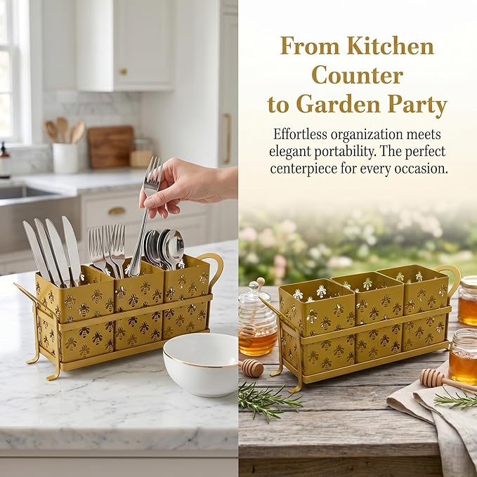Silverware Caddy with Bee Design, 3 Compartment Metal Utensil Holder with Handles,Silverware Holder for Party Countertop, Kitchen, Outdoor, Cutlery Holder Organizer for Spoon Fork,Gold