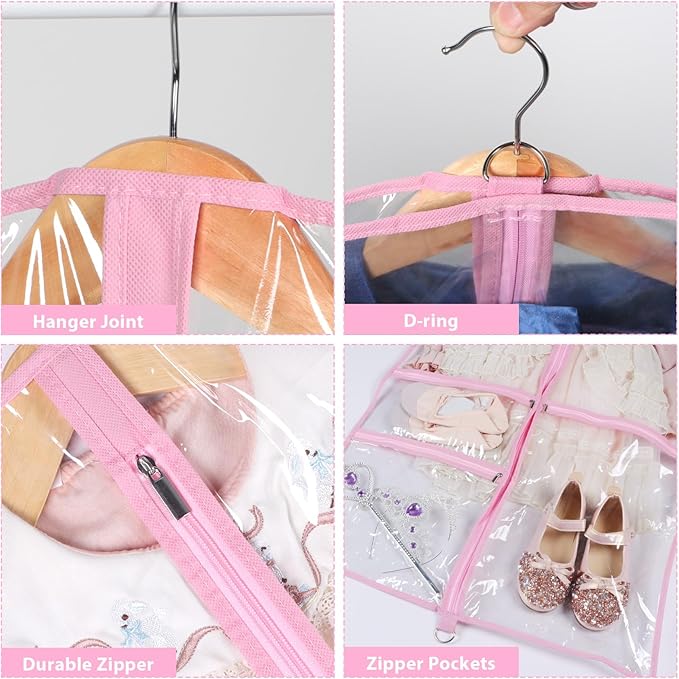 Clear Garment Bags for Dance Costumes, 40” Dance Garment Bags for Dancers, Kids Garment Bag for Dance Competitions with 3 Zipper Pockets, Garment Bags for Hanging Clothes, 6 Pack, Pink