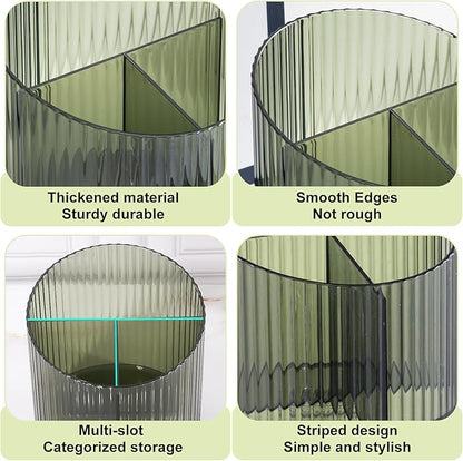 DASITON 3 Slots Makeup Brush Holder, Acrylic Makeup Brush Cup, Vintage Striped Make Up Brush Holder for Vanity Decor, Bathroom Countertops, Desk Storage Container, Cosmetic Display Cases (Green)
