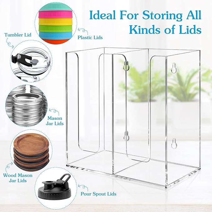 Acrylic Mason Jar Lid Organizer (Wide Mouth & Regular Mouth) 2 Compartment Cup Dispenser Organizer Ball Jar Wooden Storage Accessories for Kitchen Coffee Tumbler Lids, Fit Mason/Canning/Bamboo Lids