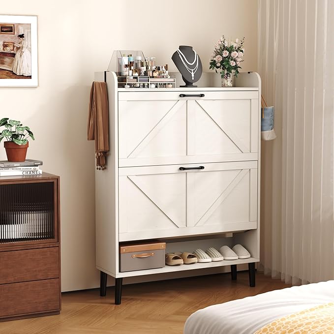 HOMEFORT Shoe Storage Cabinet for Entryway, Slim Shoe Organizer with Two Flip Drawers, Narrow Shoe Rack Cabinet with Wood Legs, Farmhouse Hidden Shoe Cabinet for Front Door Entrance,Antique White