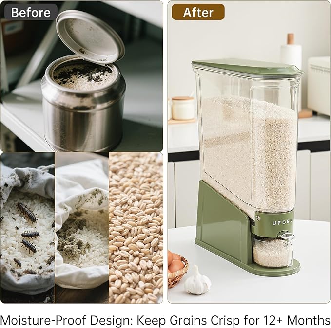 UFORU Rice Dispenser 22Lbs, Slim Rice Storage Container for Small Space, BPA-Free Clear Dry Food Dispenser Sealed Moisture Proof, Grain&Cereal Storage Bucket for Kitchen Pantry Household, Green 22Lbs