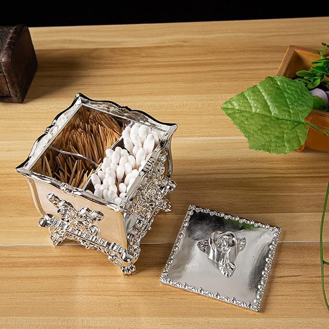 Cotton Canister Dispenser Box Cotton Swab Storage Box With Lid Makeup Table Cosmetics Containers, golden red