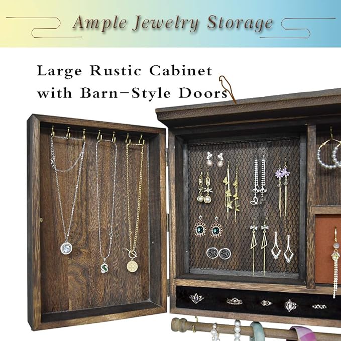 Rustic Wall Mounted Jewelry Organizer,Vintage Wooden Hanging Jewelry Holder Box with Barndoor Decor for Necklaces, Earings, Bracelets, Rings, Accessories. Includes Hook Organizer