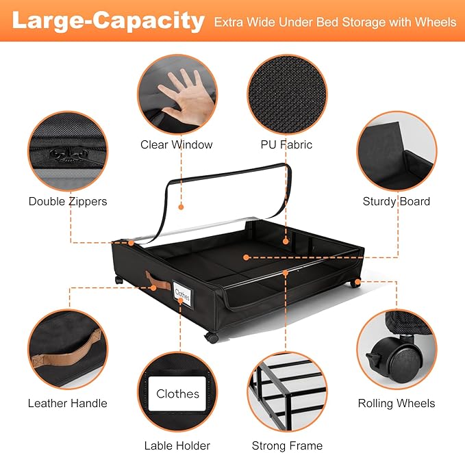 80L Larger Under Bed Storage with Wheels, 2-Pack XXL Underbed Shoe Storage with Clear Lid, Easy Pull-out Rolling Under Bed Storage Containers, Underbed Storage Bins for Clothes, Shoes, Black